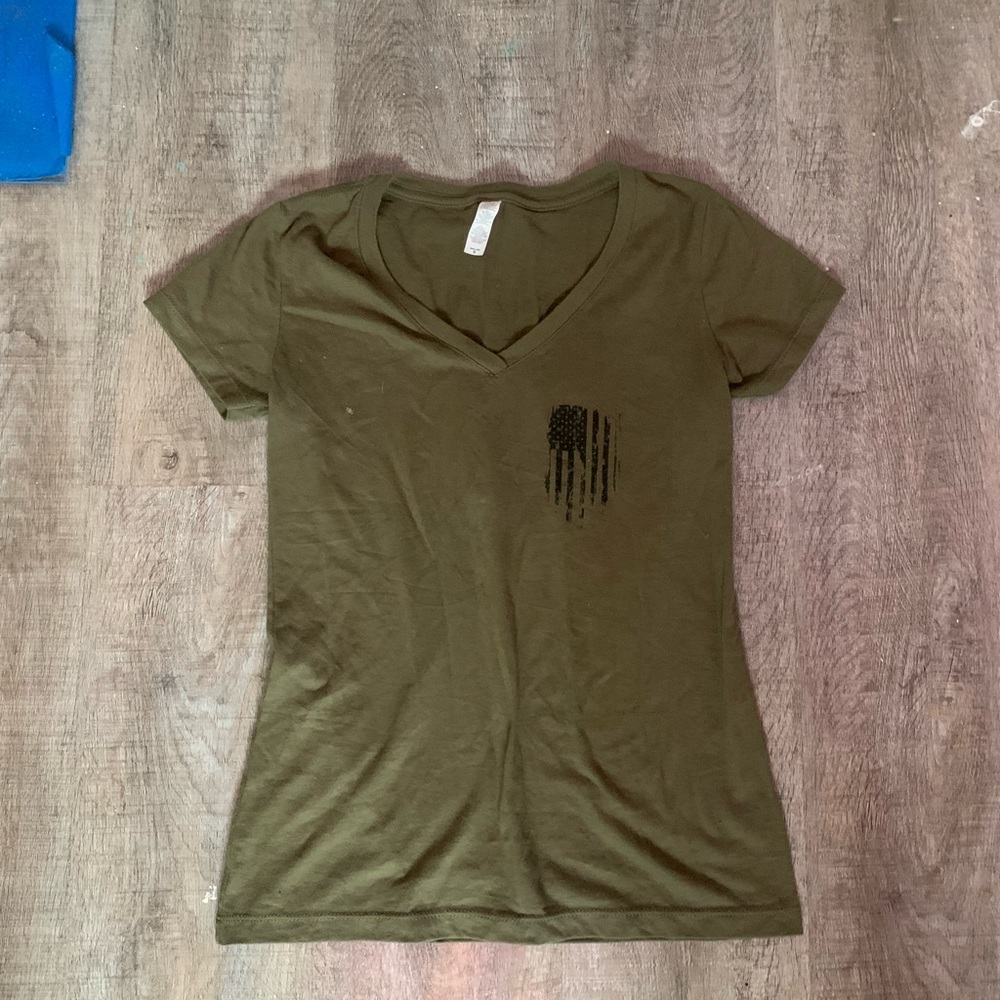 Olive green V neck, white American flag